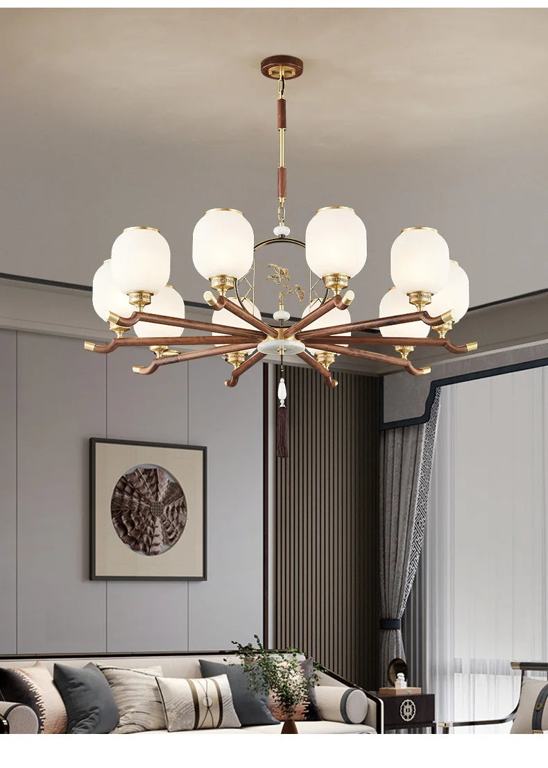 New Chinese-Style Chandelier Lamp in the Living Room Chinese Style Elegant Restaurant Villa Lamp Black Walnut Chandeliers