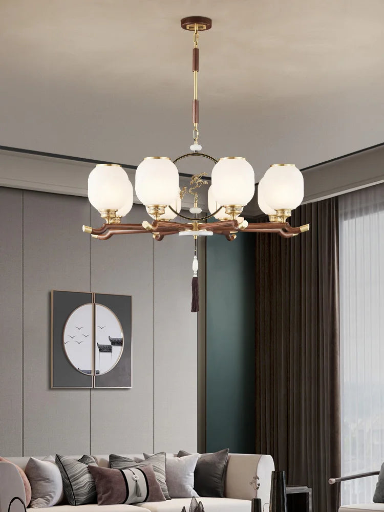 New Chinese-Style Chandelier Lamp in the Living Room Chinese Style Elegant Restaurant Villa Lamp Black Walnut Chandeliers