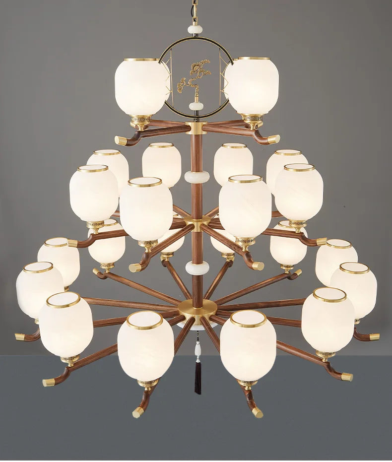 New Chinese-Style Chandelier Lamp in the Living Room Chinese Style Elegant Restaurant Villa Lamp Black Walnut Chandeliers