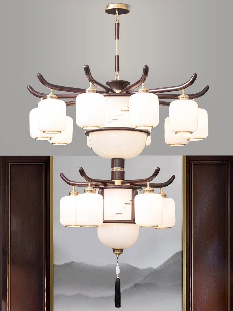 New Chinese-Style Chandelier Lamp in the Living Room High-End Ebony Duplex Villa Atmospheric Solid Wood Restaurant Lamps