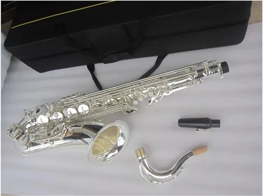 MMOOKA New Tenor Saxophone, Surface Silver Plated Bb Sax With Bakelite Mouthpiece&Case