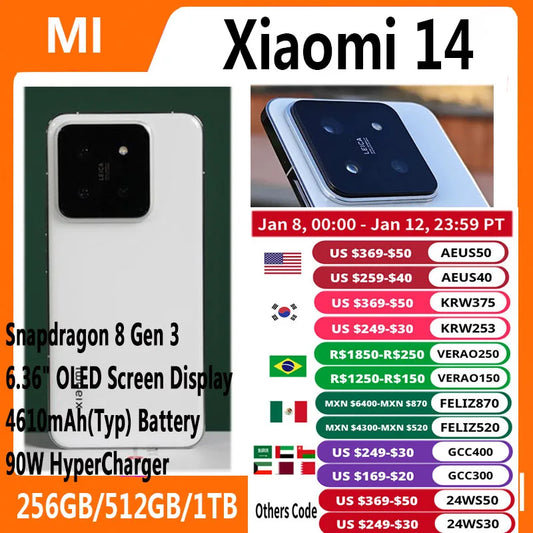 New Xiaomi 14 Mobile Phone Snapdragon 8 Gen 3 50MP Leica Camera 120HZ OLED Screen 90W Wired Second Charging