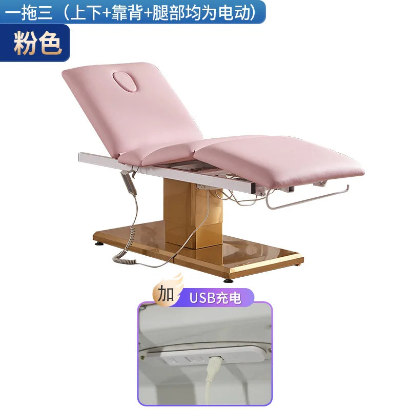 New electric beauty bed, beauty salon gold base massage bed, medical beauty facial bed, beauty eyelash tattoo bed