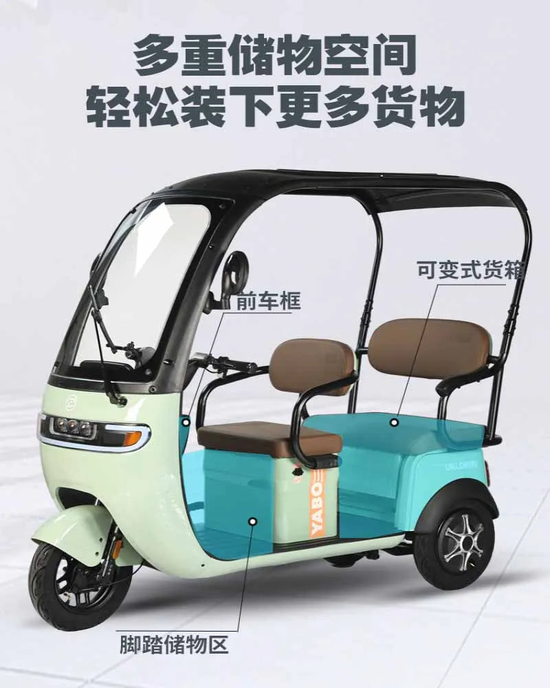New electric tricycle with shed, leisure double row men's and women's small electric scooter with children