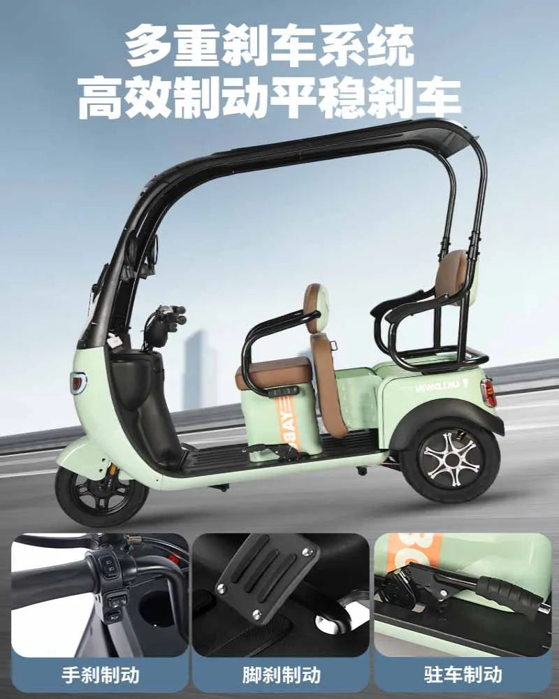 New electric tricycle with shed, leisure double row men's and women's small electric scooter with children