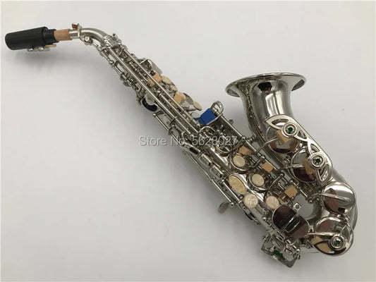 Nickel platingCarve Pattern Bb Bend Althorn Soprano Saxophone Sax Pearl White Shell Buttons Wind Instrument