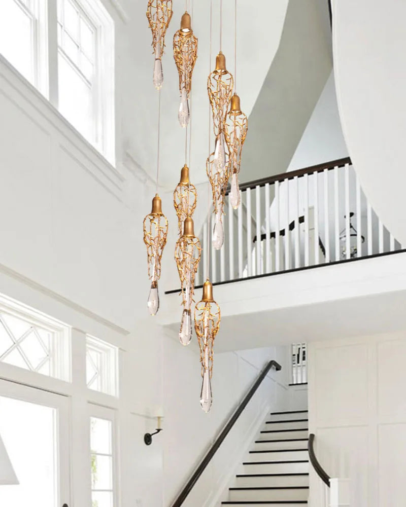 Nordic all copper branch dining room pendant lamp Post modern simple villa Living room lamp Creative duplex staircase long penda