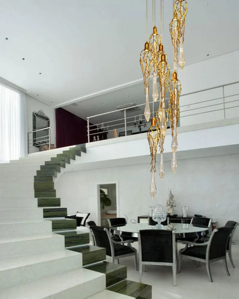 Nordic all copper branch dining room pendant lamp Post modern simple villa Living room lamp Creative duplex staircase long penda