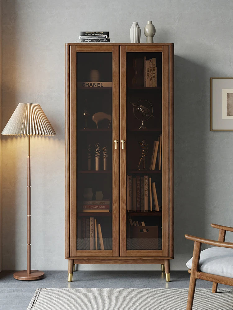 Nordic solid wood Chinese bookshelf Walnut colored living room glass door storage cabinet Display cabinet Study bookshelf