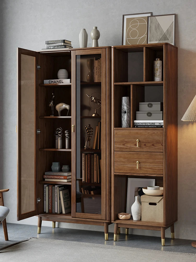 Nordic solid wood Chinese bookshelf Walnut colored living room glass door storage cabinet Display cabinet Study bookshelf