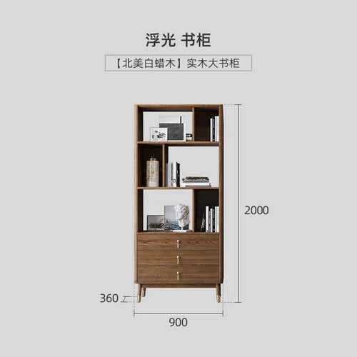 Nordic solid wood Chinese bookshelf Walnut colored living room glass door storage cabinet Display cabinet Study bookshelf