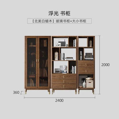 Nordic solid wood Chinese bookshelf Walnut colored living room glass door storage cabinet Display cabinet Study bookshelf