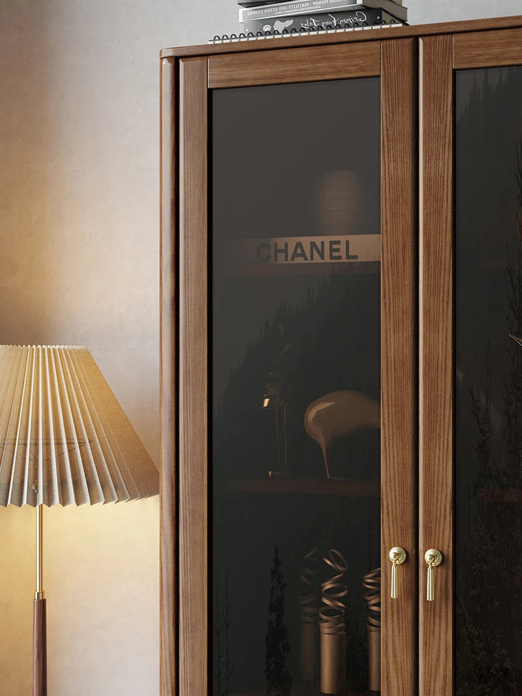 Nordic solid wood Chinese bookshelf Walnut colored living room glass door storage cabinet Display cabinet Study bookshelf