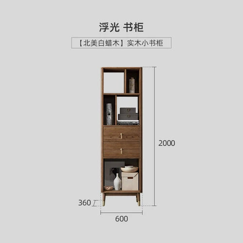 Nordic solid wood Chinese bookshelf Walnut colored living room glass door storage cabinet Display cabinet Study bookshelf