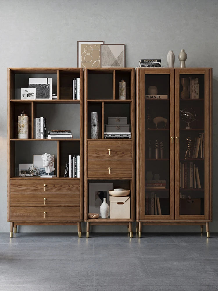 Nordic solid wood Chinese bookshelf Walnut colored living room glass door storage cabinet Display cabinet Study bookshelf