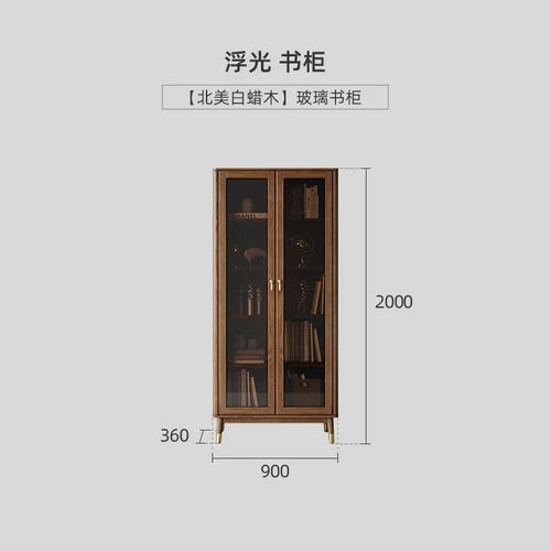 Nordic solid wood Chinese bookshelf Walnut colored living room glass door storage cabinet Display cabinet Study bookshelf