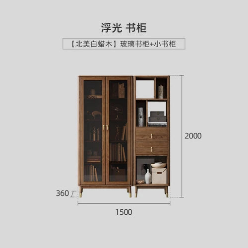 Nordic solid wood Chinese bookshelf Walnut colored living room glass door storage cabinet Display cabinet Study bookshelf