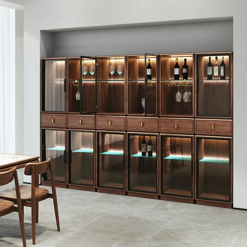 North American black walnut wood wine cabinet, living room, Italian style light luxury, high-end solid wood glass door cabinet,