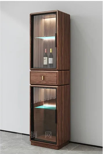 North American black walnut wood wine cabinet, living room, Italian style light luxury, high-end solid wood glass door cabinet,