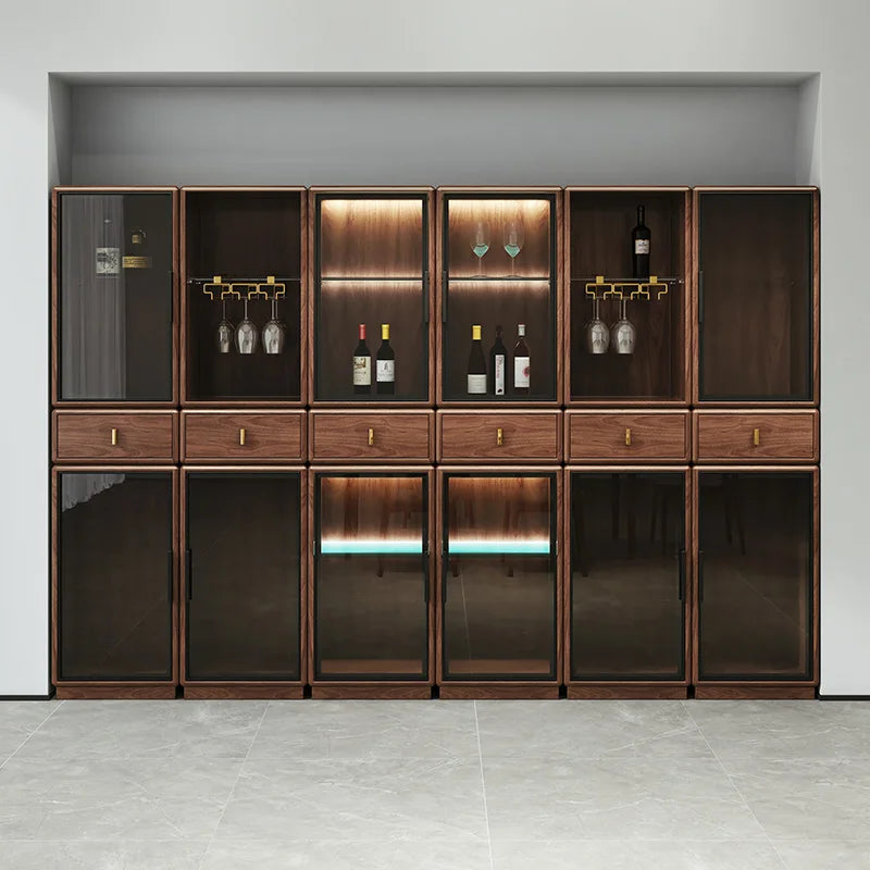 North American black walnut wood wine cabinet, living room, Italian style light luxury, high-end solid wood glass door cabinet,