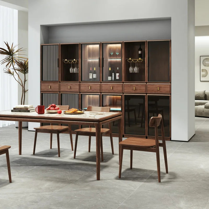 North American black walnut wood wine cabinet, living room, Italian style light luxury, high-end solid wood glass door cabinet,