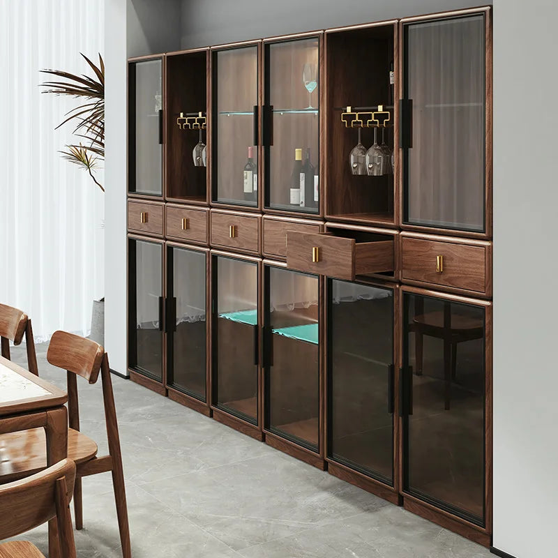 North American black walnut wood wine cabinet, living room, Italian style light luxury, high-end solid wood glass door cabinet,