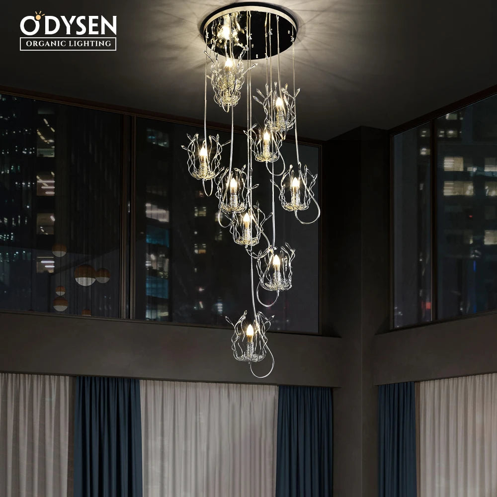 ODYSEN ART DECO Chandelier for Staircase Villa Hallway Long Led Copper Creative Lobby Loft Light Silver Crysta Lamp Large House