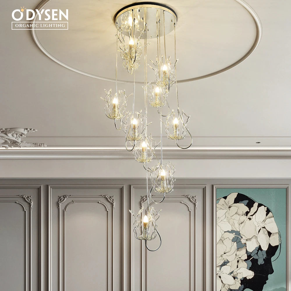 ODYSEN ART DECO Chandelier for Staircase Villa Hallway Long Led Copper Creative Lobby Loft Light Silver Crysta Lamp Large House