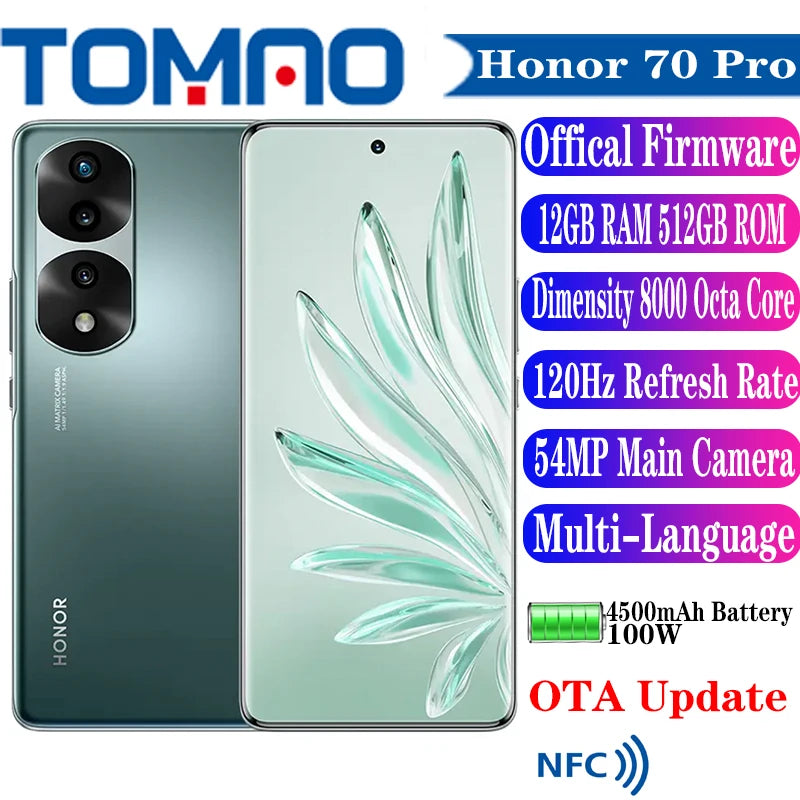Offical Original New Honor 70 Pro 5G Cell phone Dimensity 8000 6.78" 120Hz  4500mAh 100W Octa Core 54MP Rear Three Cameras NFC