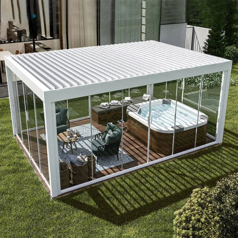 Opening Louvered Pavilion Swimming Pool Pergola House With Led Strips Roof Aluminum Pergola carport structure