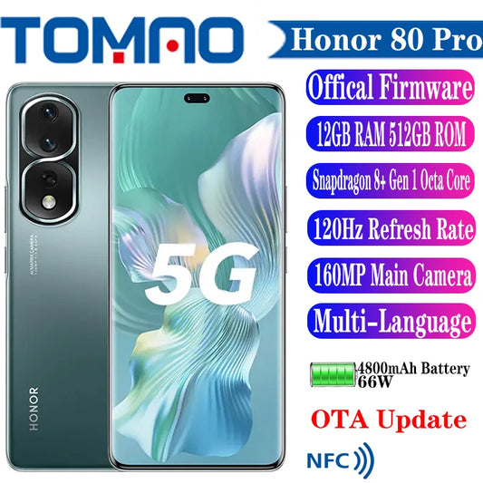 Original Official Honor 80 Pro 5G Mobile Phone 6.78" 120Hz 4800mAh 66W Snapdragon 8+ Gen 1 Octa Core 160MP Rear Three Cameras