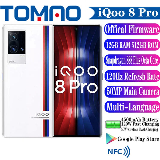 Original Vivo IQOO 8 Pro 5G Cell Phone 6.78'' 120Hz Snapdragon 888 Plus Octa Core 4500mAh 120W 50W 50MP Rear Three Camera NFC