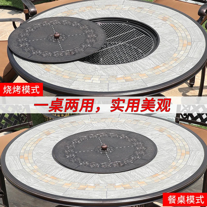 Outdoor barbecue table and chairs courtyard garden cast aluminum tile furniture self-service charcoal barbecue stove home outdoo