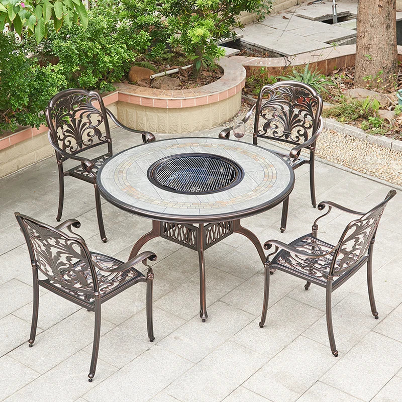Outdoor barbecue table and chairs courtyard garden cast aluminum tile furniture self-service charcoal barbecue stove home outdoo