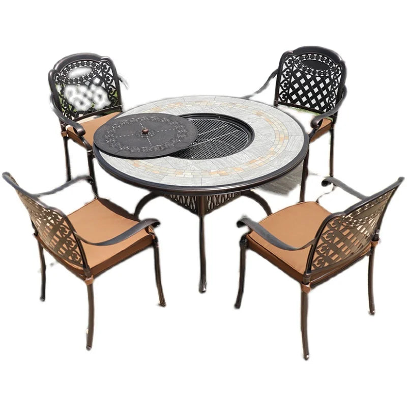 Outdoor barbecue table and chairs courtyard garden cast aluminum tile furniture self-service charcoal barbecue stove home outdoo