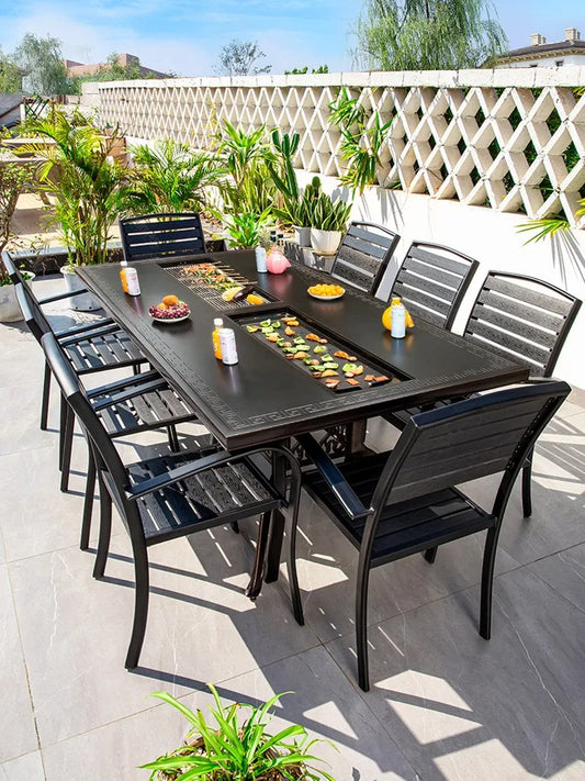 Outdoor courtyard cast aluminum barbecue tables and chairs outdoor garden villa aluminum smokeless electric grilled charcoal.