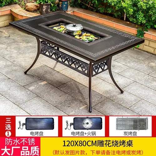 Outdoor courtyard cast aluminum barbecue tables and chairs outdoor garden villa aluminum smokeless electric grilled charcoal.