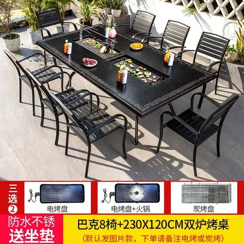 Outdoor courtyard cast aluminum barbecue tables and chairs outdoor garden villa aluminum smokeless electric grilled charcoal.