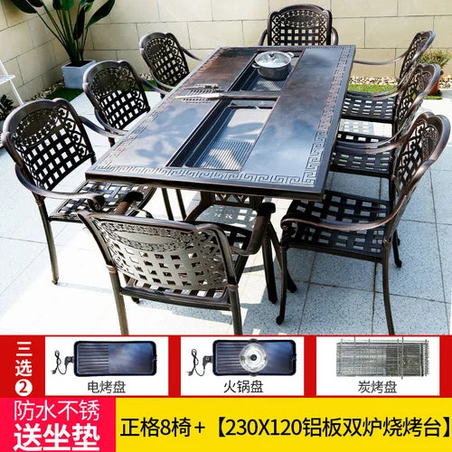 Outdoor courtyard cast aluminum barbecue tables and chairs outdoor garden villa aluminum smokeless electric grilled charcoal.