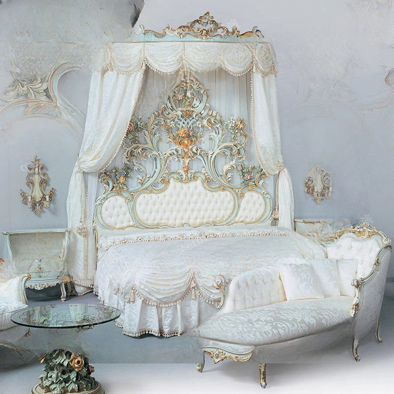 Painted double princess bed, French court solid wood wedding bed, baroque European luxury 2m carved bed