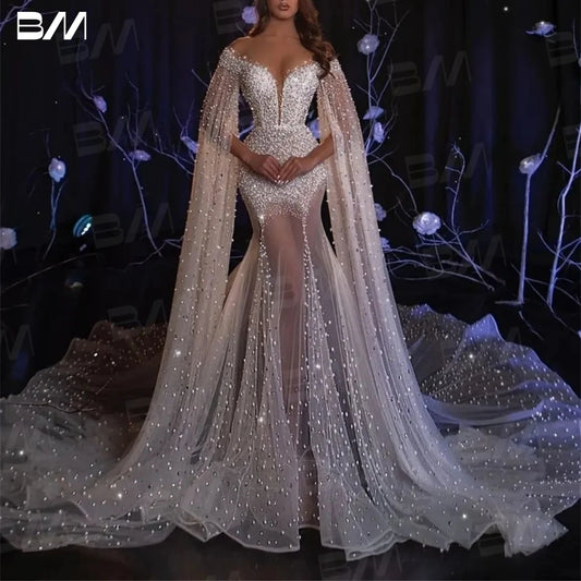 Pearls Mermaid Wedding Dress Long Cape Sleeve Deep V Neck Tulle Beaded Bride Dresses Luxury Bridal Gown For Bride Abito Da Sposa