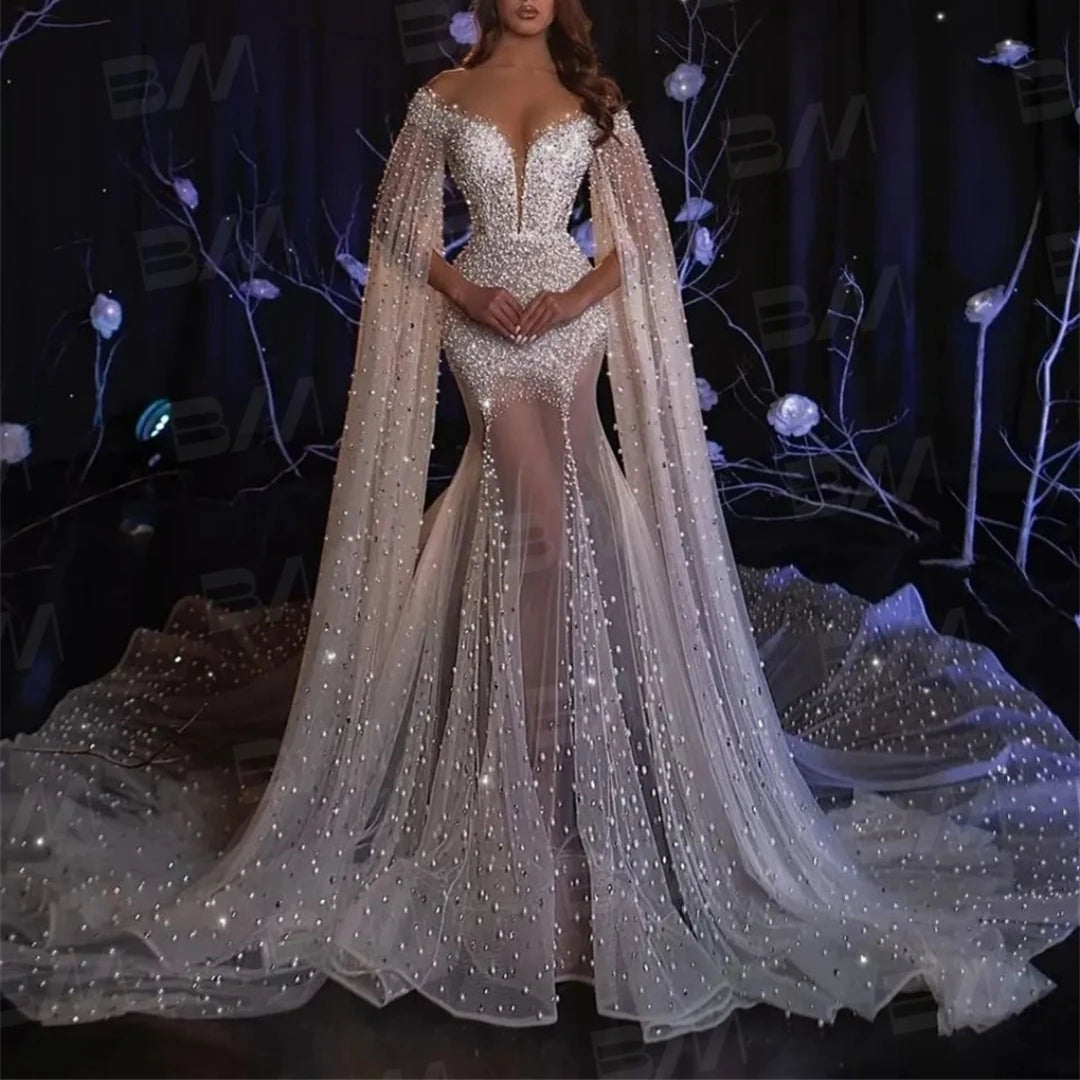 Pearls Mermaid Wedding Dress Long Cape Sleeve Deep V Neck Tulle Beaded Bride Dresses Luxury Bridal Gown For Bride Abito Da Sposa