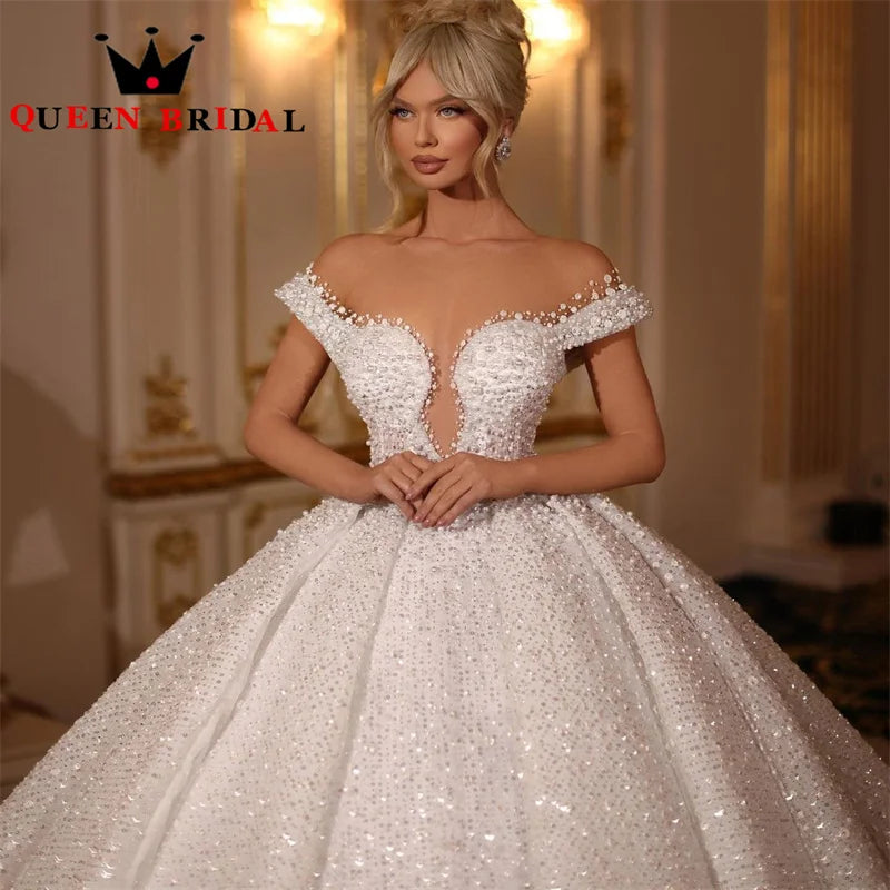 Pearls Sequined Wedding Dresses Off The Shoulder Sweetheart Sleeveless Luxury Bridal Ball Gowns Robe De Mariée Custom Y53X