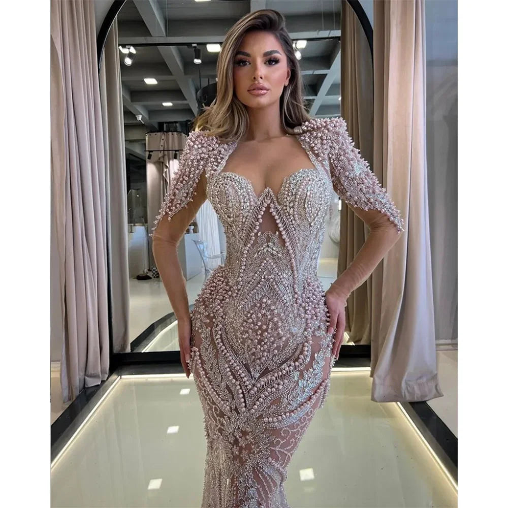Pink Beading Pearls Prom Dress Luxury Sweetheart Lace Appliqued Sequined Mermaid Party Gowns Chic Floor Length Evening Dress