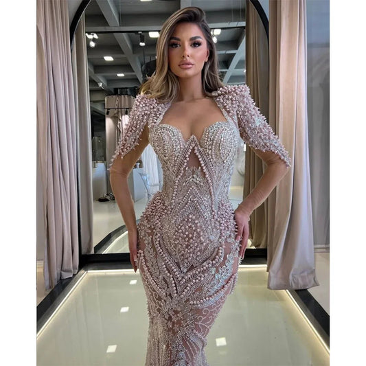Pink Beading Pearls Prom Dress Luxury Sweetheart Lace Appliqued Sequined Mermaid Party Gowns Chic Floor Length Evening Dress
