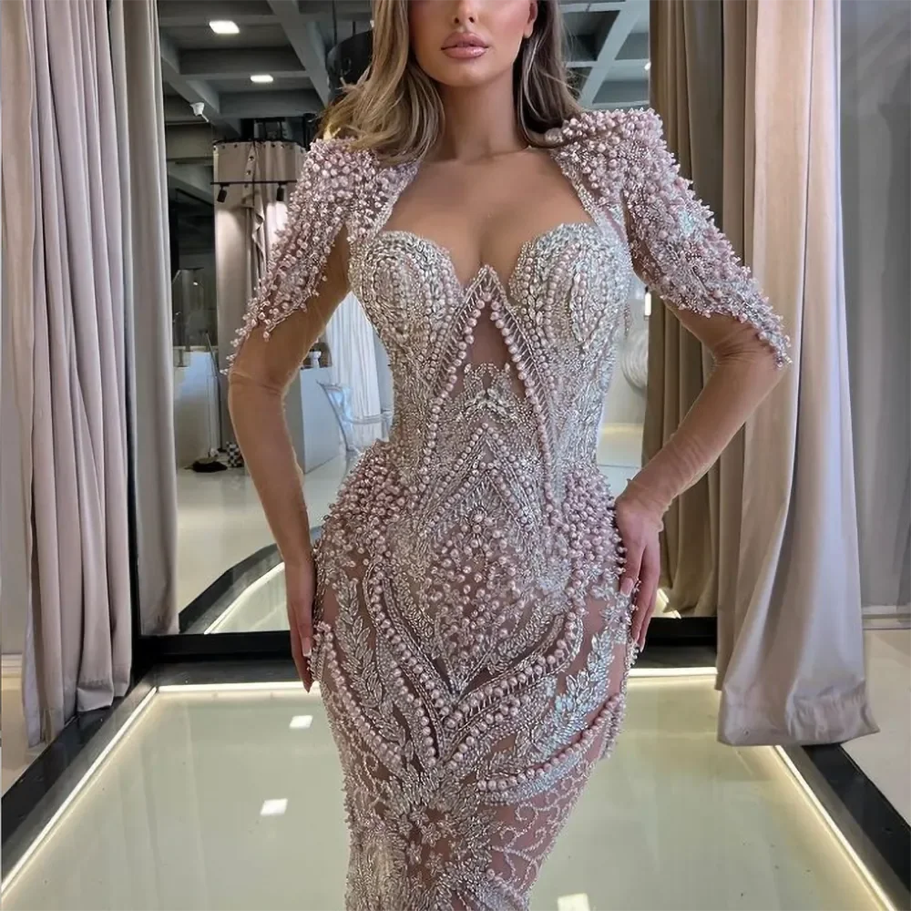 Pink Beading Pearls Prom Dress Luxury Sweetheart Lace Appliqued Sequined Mermaid Party Gowns Chic Floor Length Evening Dress
