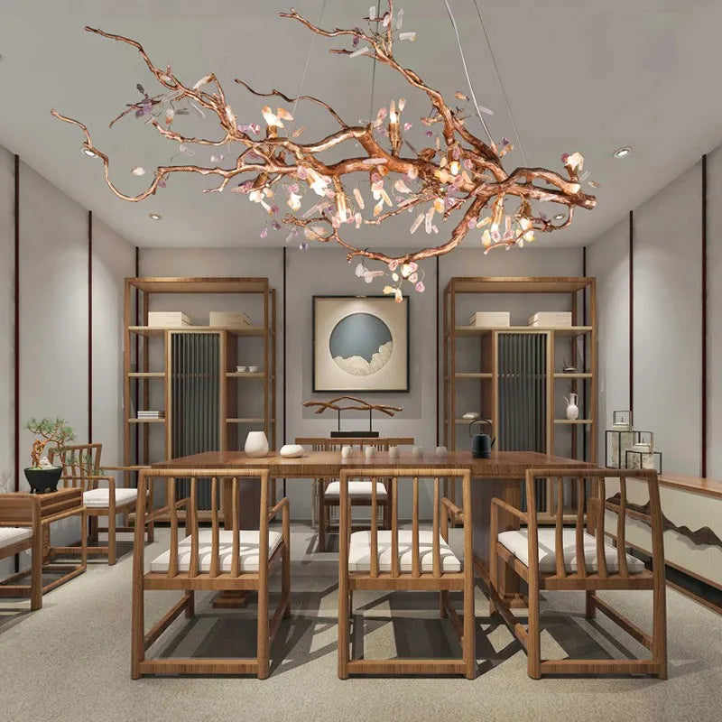 Plum Blossom Creative Tree Branch Chandelier Black Copper Decoration Lighting Fixture for Living Room Bedroom Villa Hall Decor