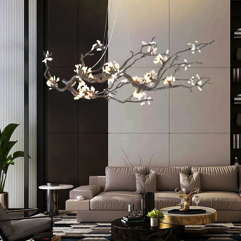 Plum Blossom Creative Tree Branch Chandelier Black Copper Decoration Lighting Fixture for Living Room Bedroom Villa Hall Decor