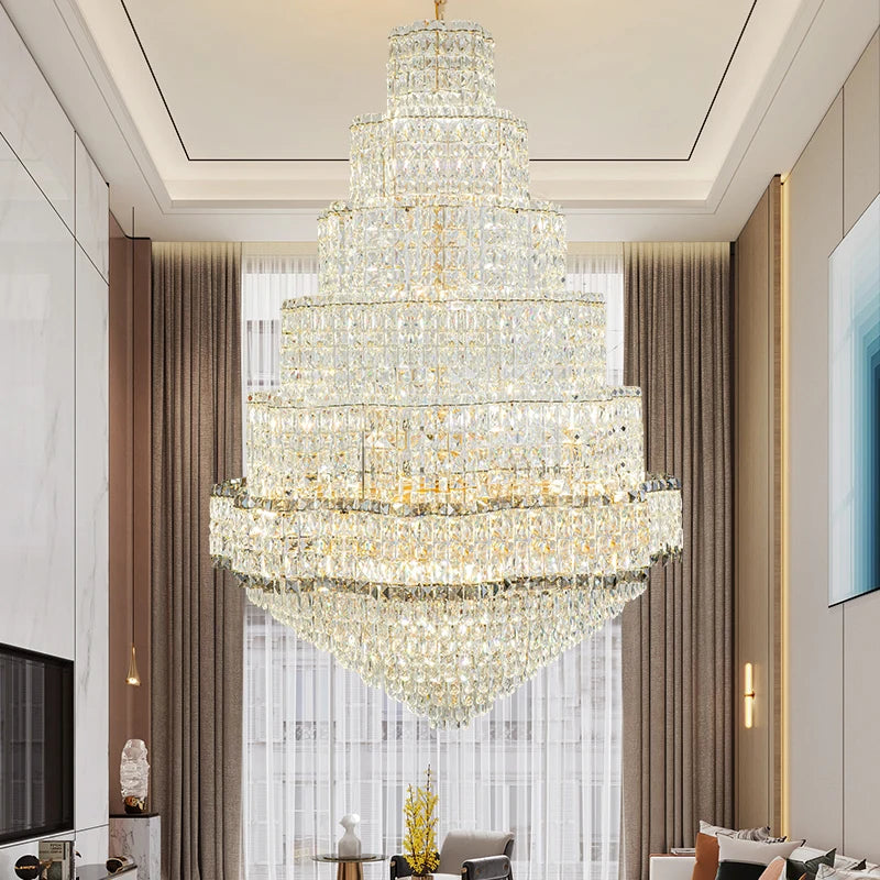 Post-Modern Stair Chandelier Large Chandelier Light Luxury Simple Duplex Villa Rotating Hollow Hotel Crystal Hanging Lighting