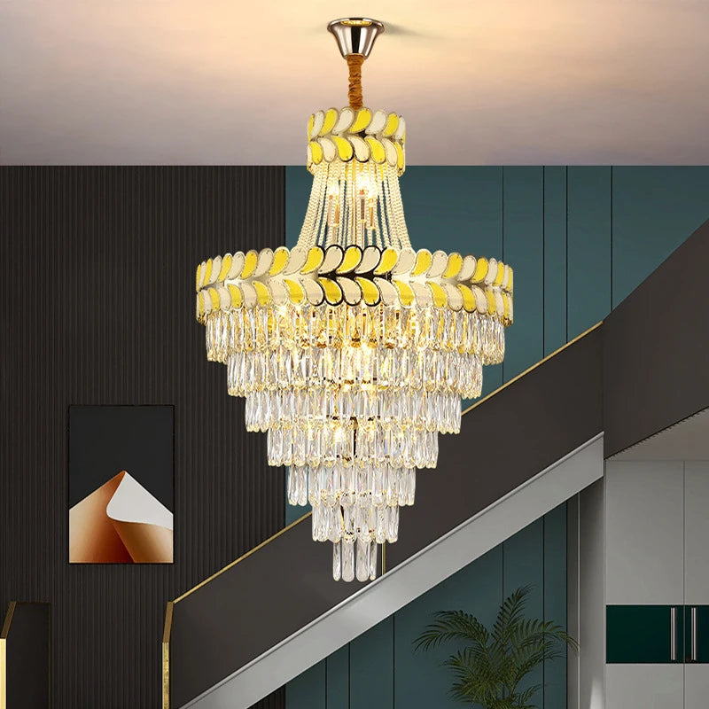 Postmodern Crystal  Living Room Villa Hall Duplex Stairwell Long Chandelier Light Luxury Building Middle Building  Chandelier